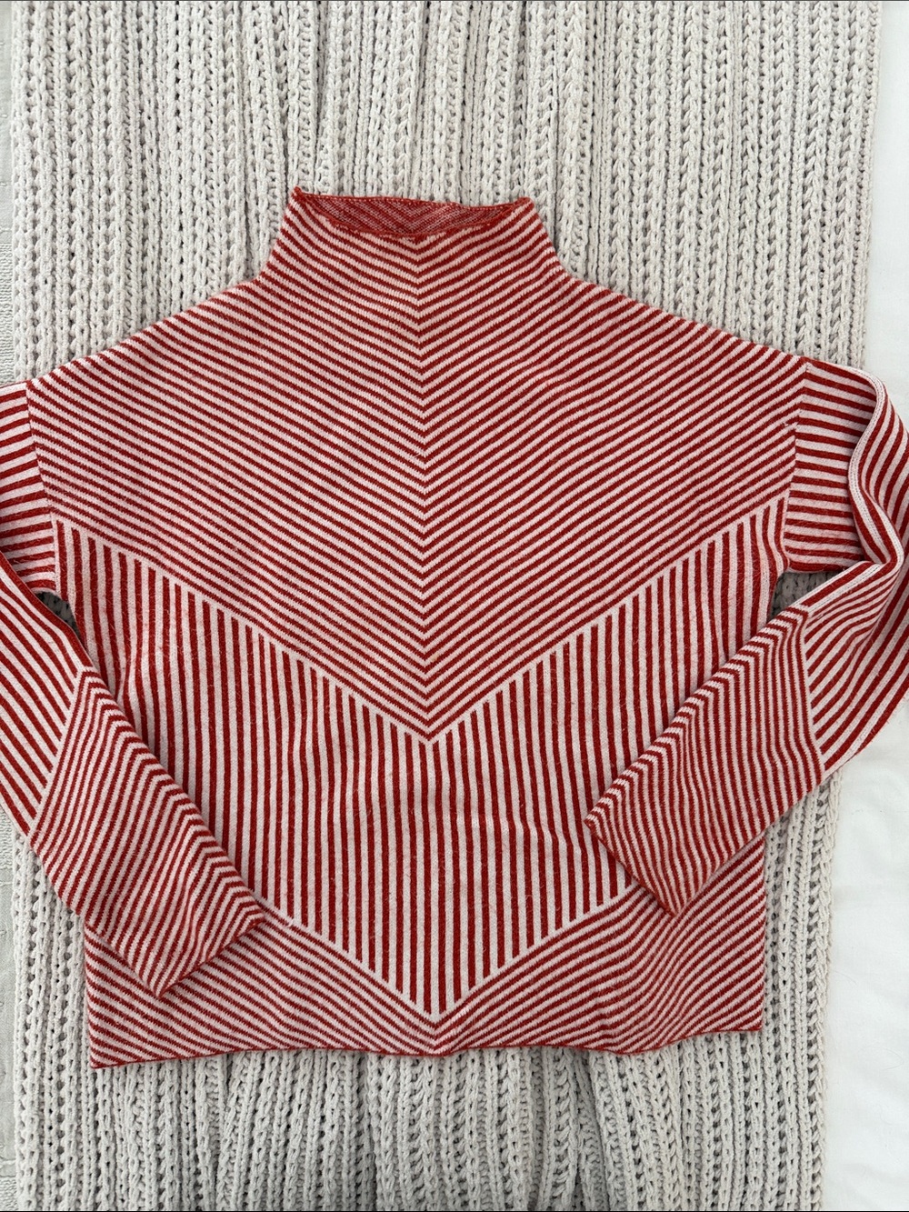 Cynthia Rowley Red & Cream Chevron Stripe Funnel Neck Sweater